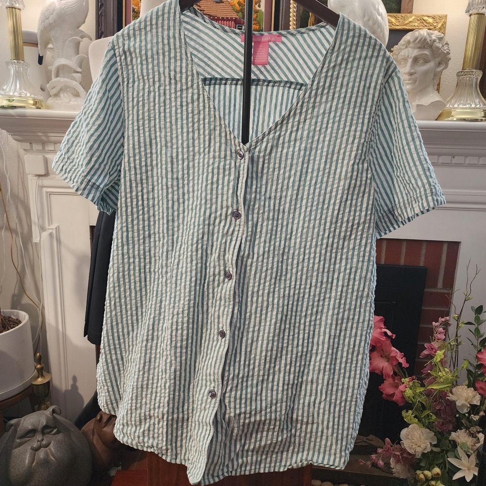 Woman Within Jade Green White‎ Striped Seersucker Cotton Blouse Top 1X 30-2571-5